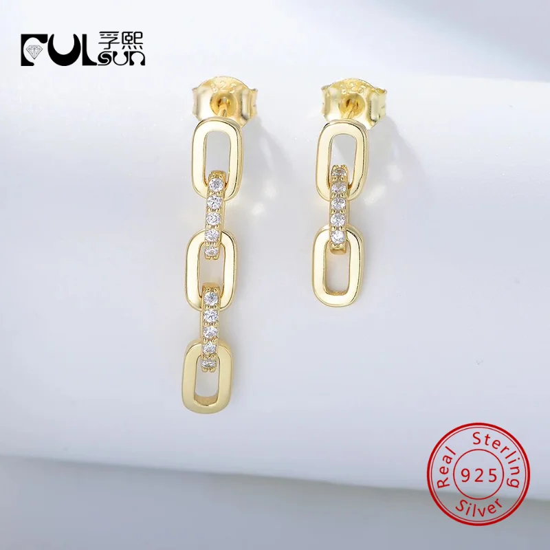 925 Sterling Silver 14K Gold Plated Interlock Chain CZ Drop Earrings Minimal Asymmetric Daily Jewelry Gift For Women