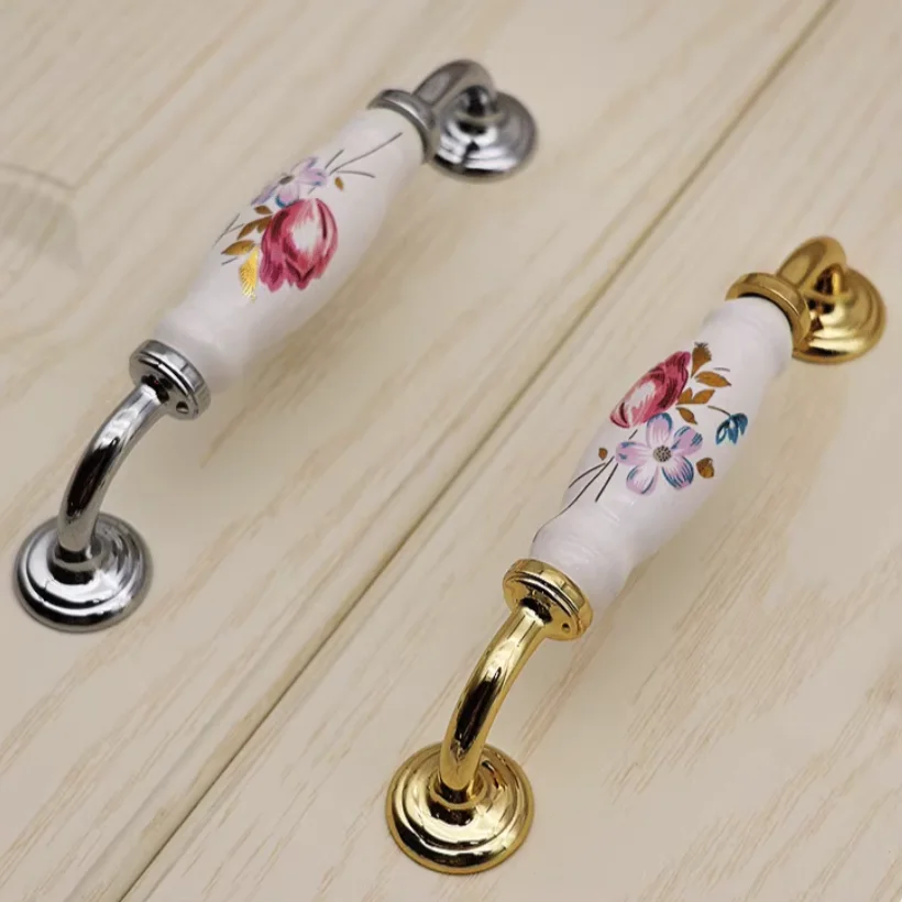 96 128mm Modern Fashion Rural Blue Red Flower Ceramic Wardrobe Cupboard Door Handle Silver Gold Drawer Shoe Cabinet Knob Pull 5