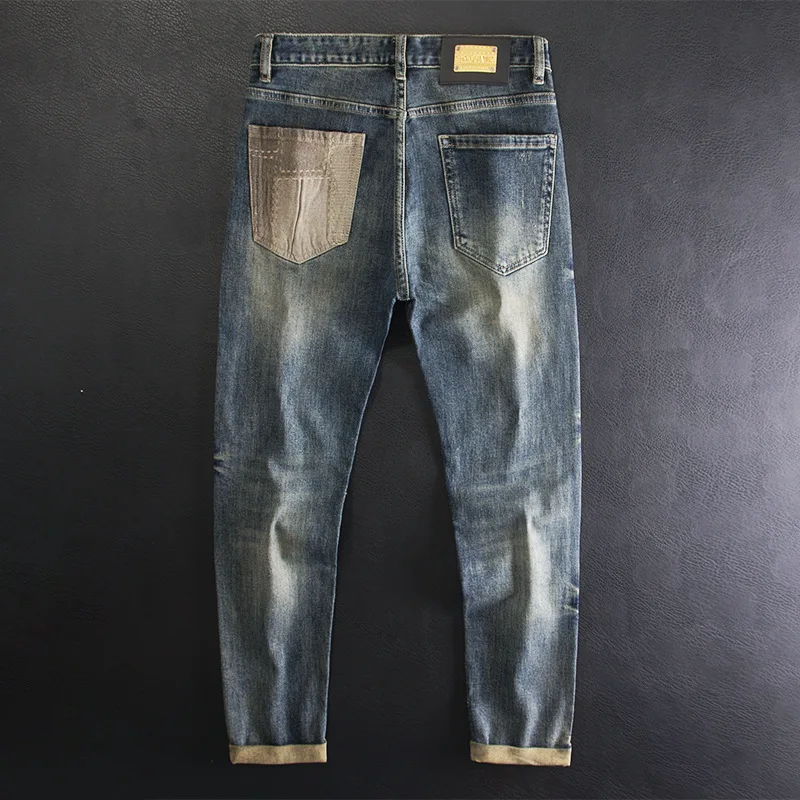 Vintage Ripped Patchwork Jeans for Men Slim Fit Stretch Patchwork Craft Fashion High-end Personality Trendy Denim Pants