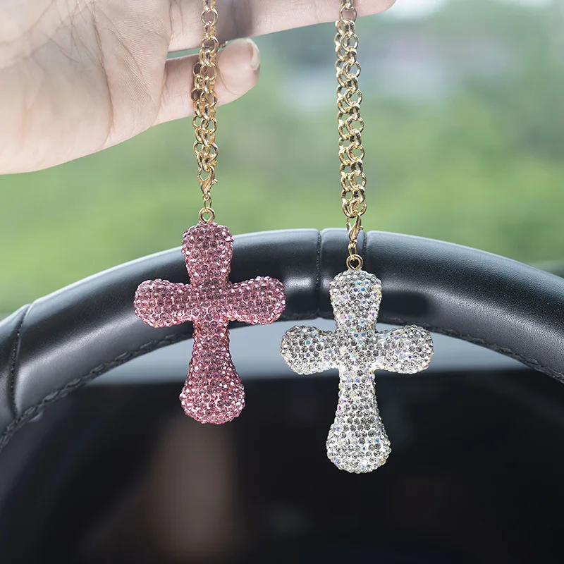 

Brick Inlaid Cross Fun Car Rearview Mirror Pendant Interior Decoration Car 3d Sparkling Cross Pendant Car Accessories