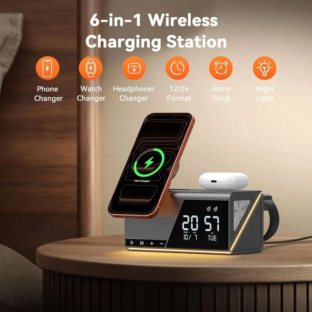 محطة شحن لاسلكية عالمية مع 6 وظائف: ساعة منبه، ضوء ليلي، منضدة، شاحن MagSafe، شحن سريع لـ i #2