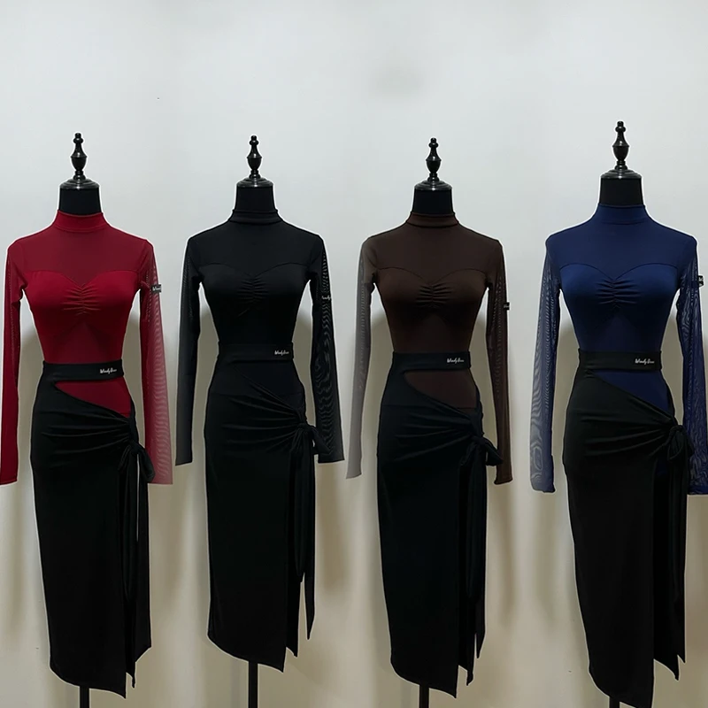 

New Latin Dance Clothes Adult Women Mesh Long Sleeves Tops Slit Skirt Rumba Tango Dance Practice Dress Club Dance Wear DNV21937