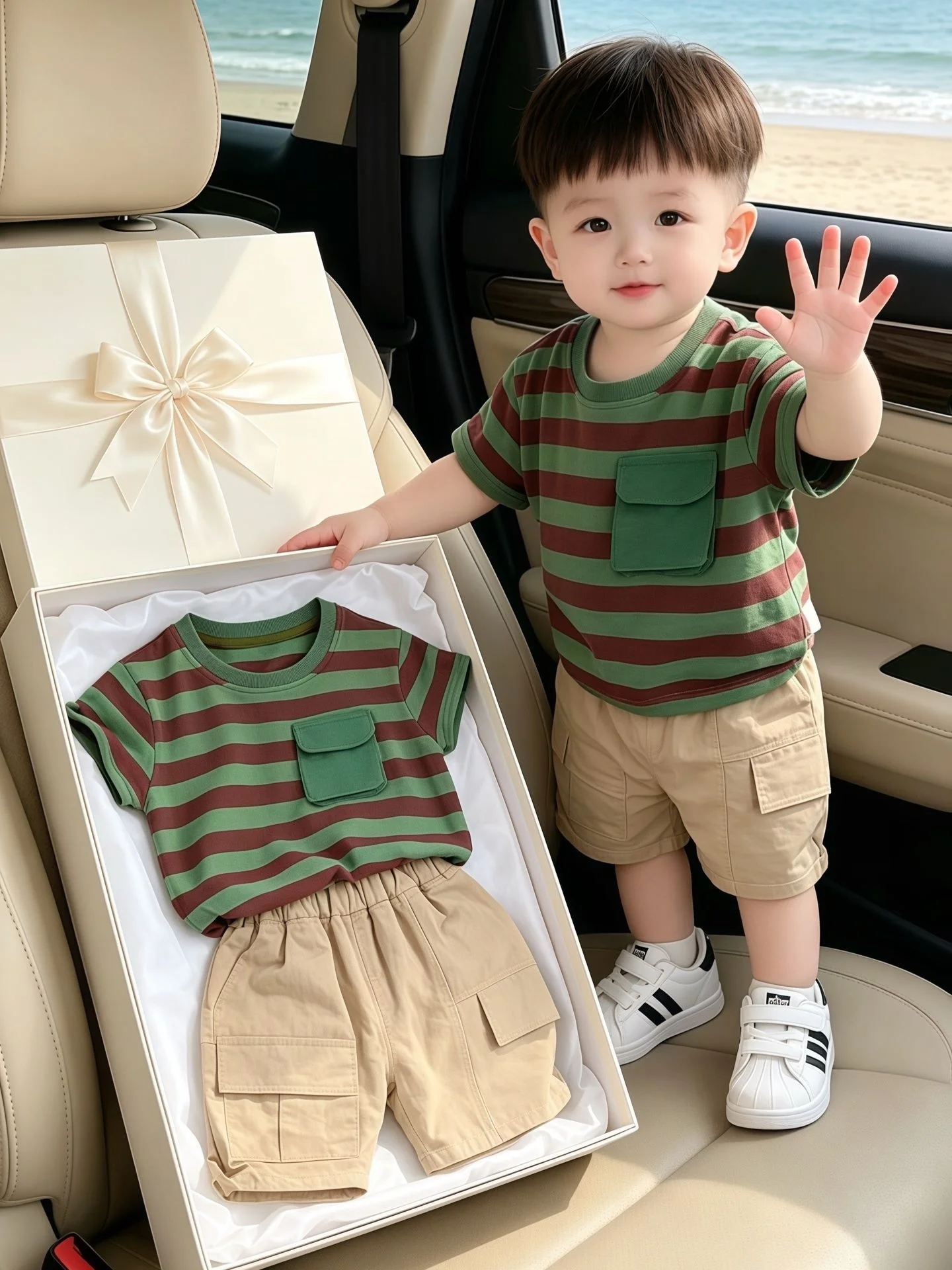 男の子用夏服セット-ストライプ半袖tシャツとカーゴショーツ-2ピース-クールカジュアルウェア-2歳～4歳の男の子向け