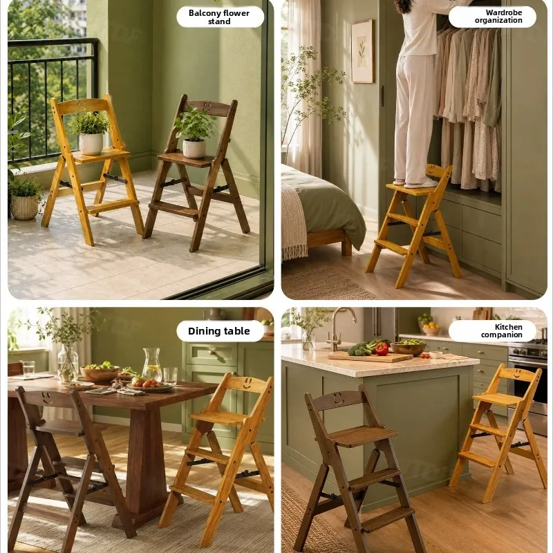 Indoor Climbing Pedal Stairs Multi-function Folding Dual-use Kitchen Ladder Stool Three Steps Solid Wood Back Chair High-footed