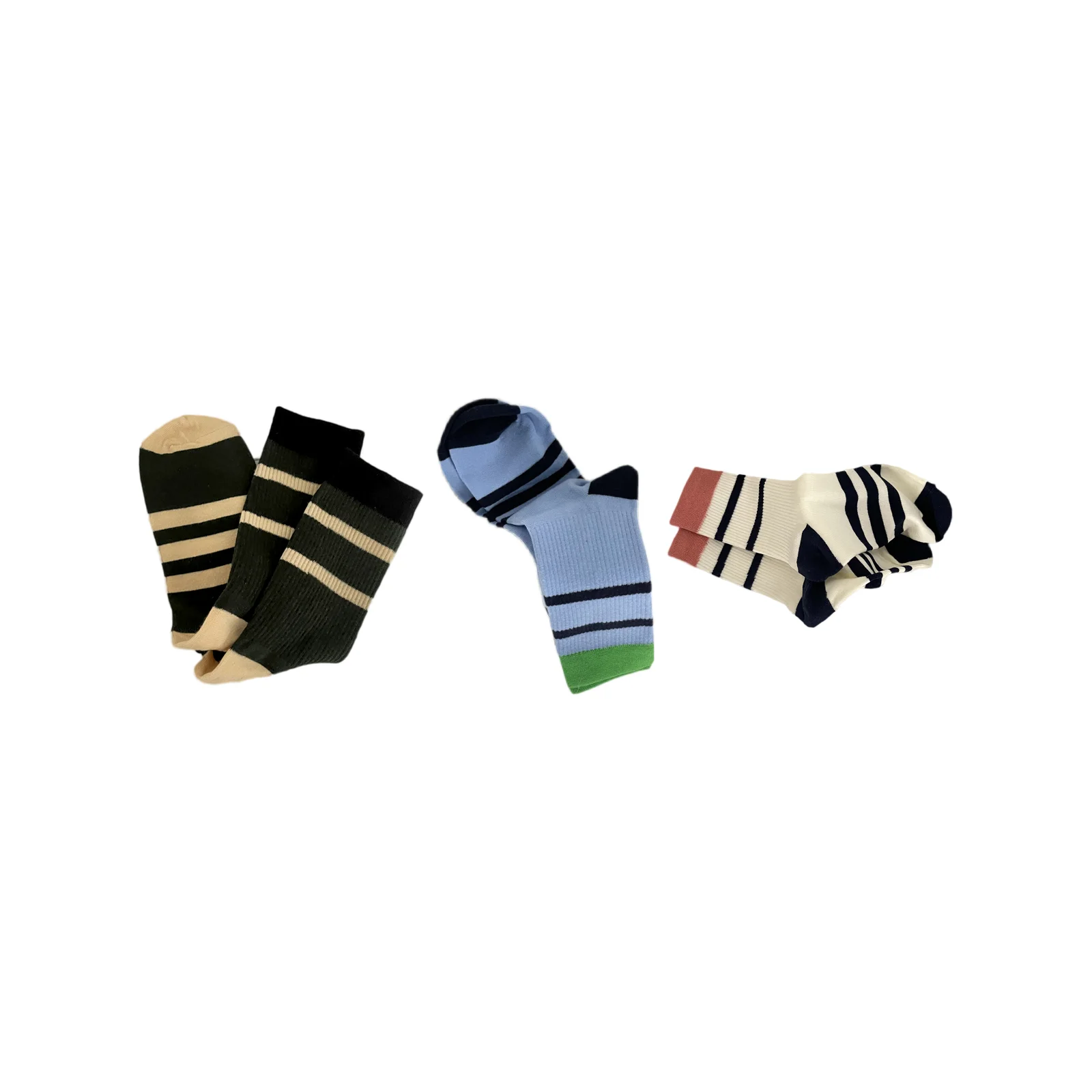 

College style contrasting mid-calf socks three-color combination (dark green + blue + beige)