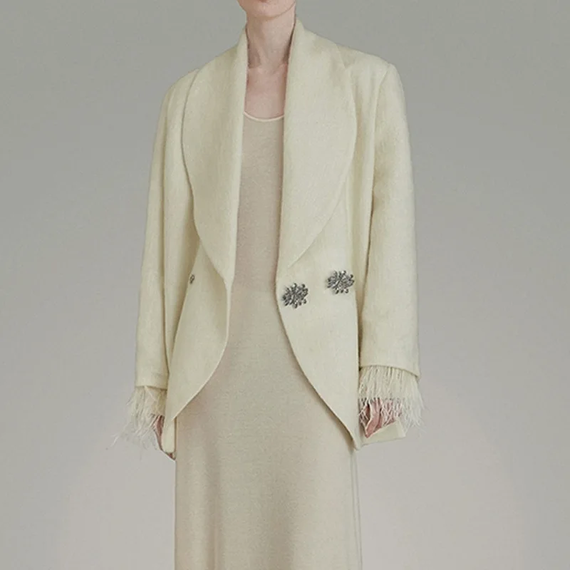 EAEOVNI ريشة تقسم تصميم المرأة البدلة معطف موضة التلبيب طوق كم طويل زر تصميم سترة ملابس أنيقة #3