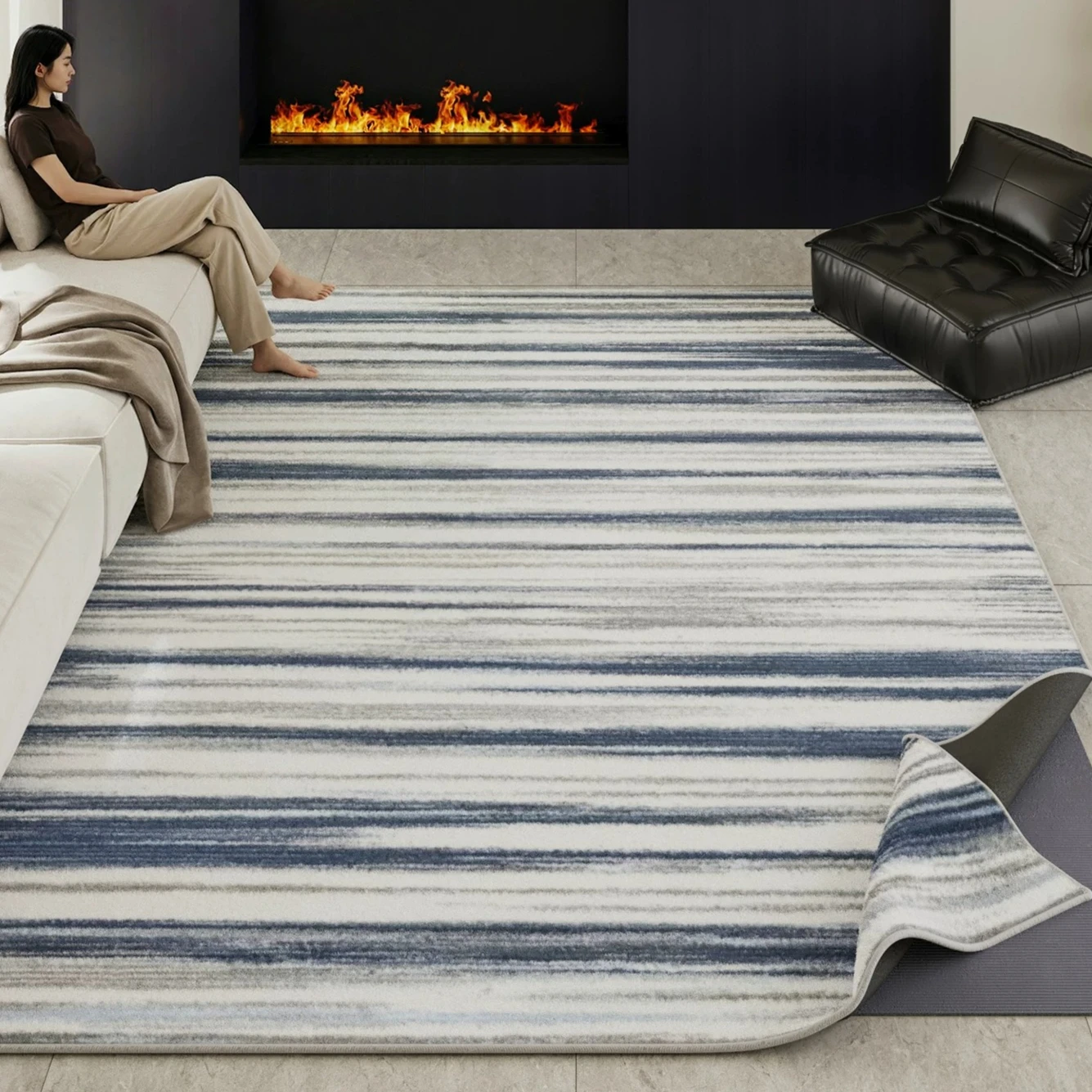 Italian modern removable carpet, living room, bedroom, striped short velvet sofa, coffee table pad, non-slip, skin-friendly