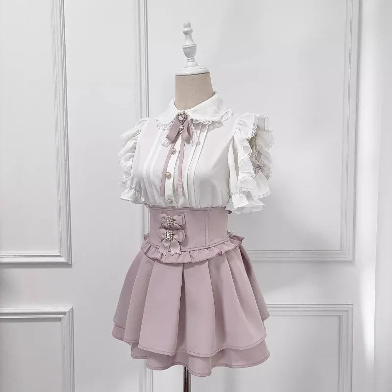 Lolita Off-the-shoulder Lace Bow-embellished Short-sleeved Top Blouse Mass-produced Mine Series Single-breasted Shirt For Women