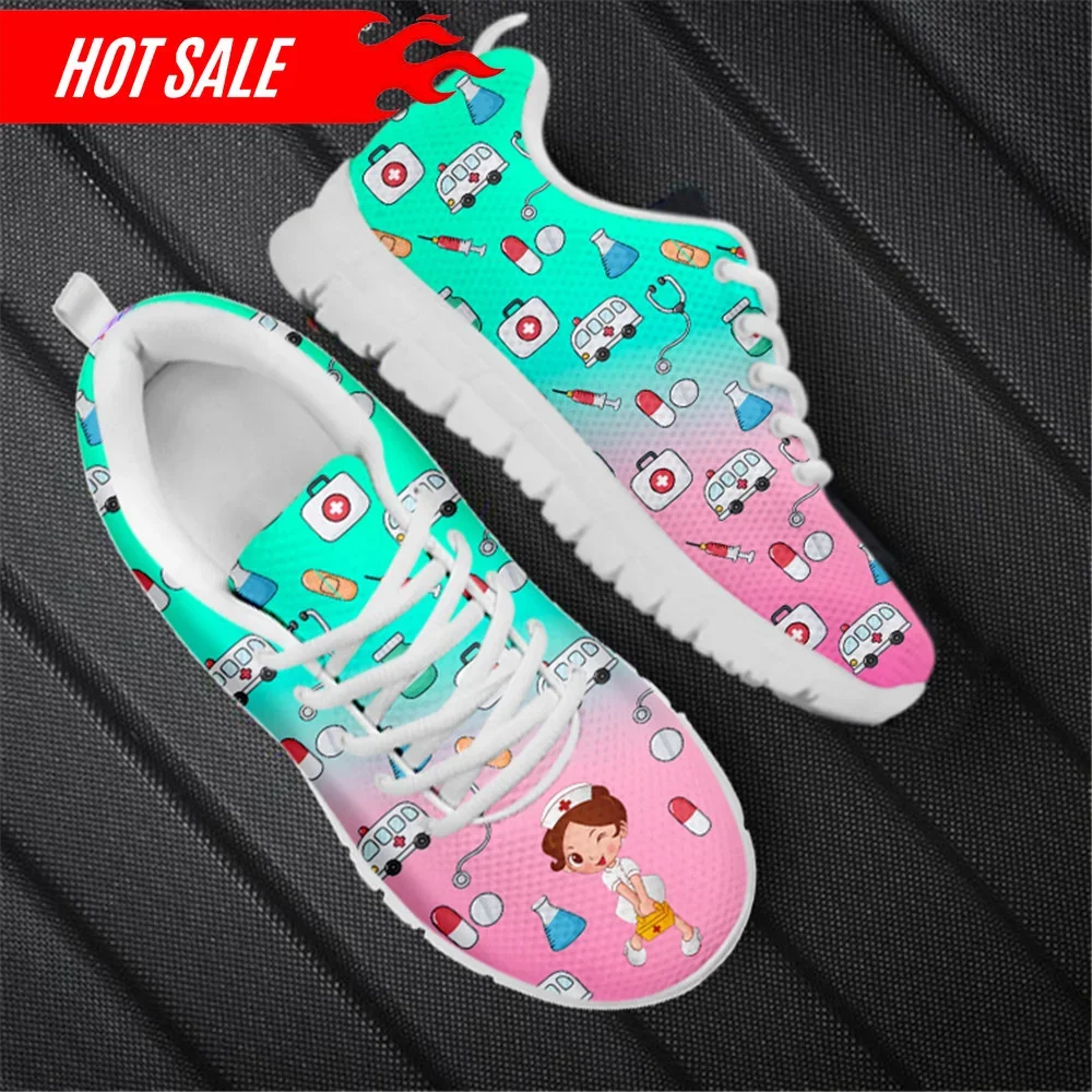 Gradient Cartoon Nurse Doctor Brand Design Mesh Flat Sneakers Spring Autumn Nursing Shoes Ladies Lace Up Footwear