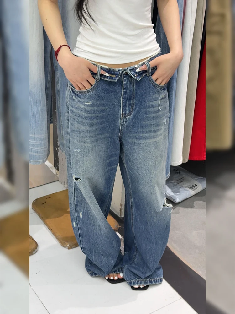 

Retro Distressed Floor-Length Denim Jeans Women's Summer New Style American Hot Girl Hole Punching Long Pants Natural Waist