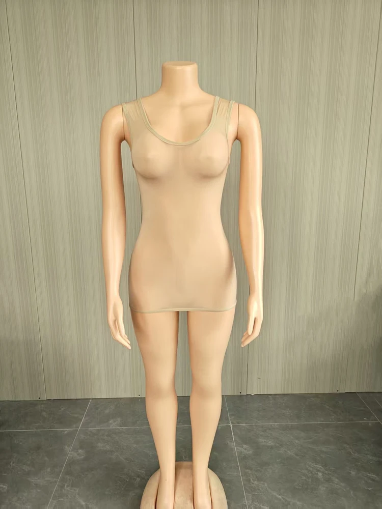 JENYAGE Sexy glänzendes, transparentes Tank-Minikleid für Damen, Stretch-Mesh, figurbetont, für Nachtclubs, ärmellos, mit Rundhalsausschnitt, durchsichtiges Partykleid – Detail 7