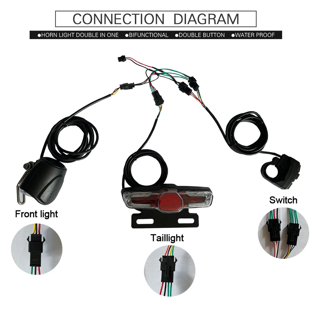 Electric Bicycle Headlight Kit For E-bike Retrofit 3 Pins 12V-80V Front Light 4 Pins 36/48V Taillight Cycling Accessories