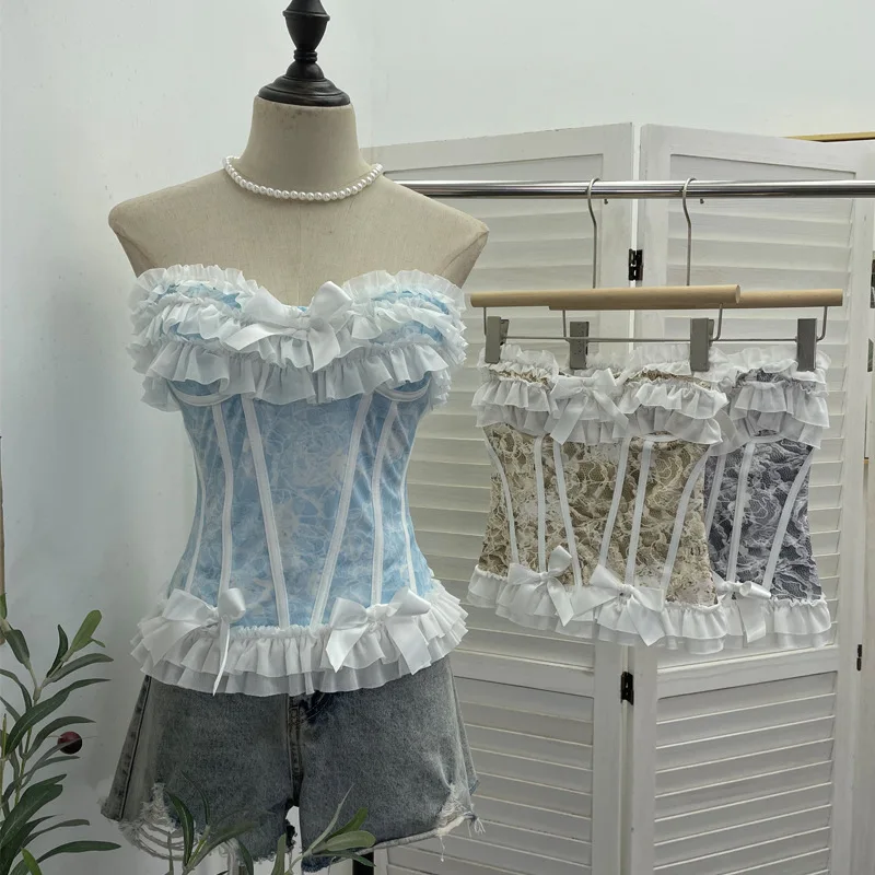 Pure Sexy Hot Girl Mesh Bow Strapless Bustier Non Slip Strip Short Cut Open Back Sleeveless Top Chic Woman Clothing 2823