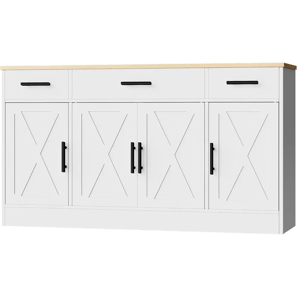 

Large White Kitchen Storage Cabinet with 3 Drawers and 4 Doors, Adjustable Shelves for Living Room Use