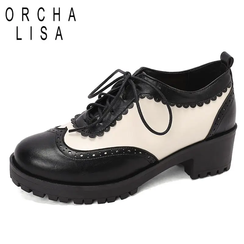 

ORCHA LISA 2025 Loafers Women Round Toe Block Heels 5cm Lace Up Mixed Color Pumps Plus Size 43 44 45 Leisure Soft Daily Shoes