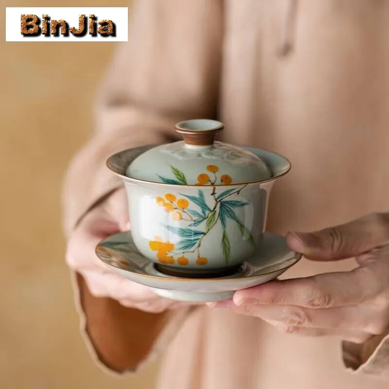 

160Ml Chinese Handmade Ceramic Gaiwan Exquisite Hand-Painted Loquat Porcelain Tea Tureen Teacup Household Bowl Travel Teaset