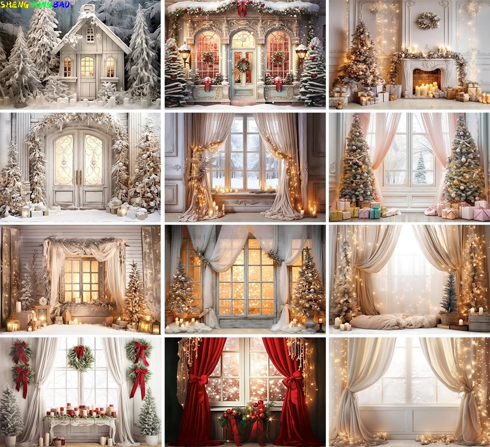

Winter Christmas Window Photography Background Curtain Snow Xmas Tree Kids Family Portrait Decor Backdrop Photo Studio