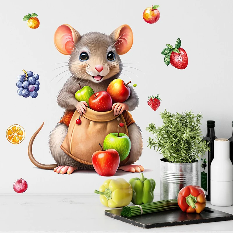 

Squirrel Holding a Bag of Fruit Wall Stickers Kitchen Decoration Living Room Cabinet Refrigerator Home Decoration Sticker M1372