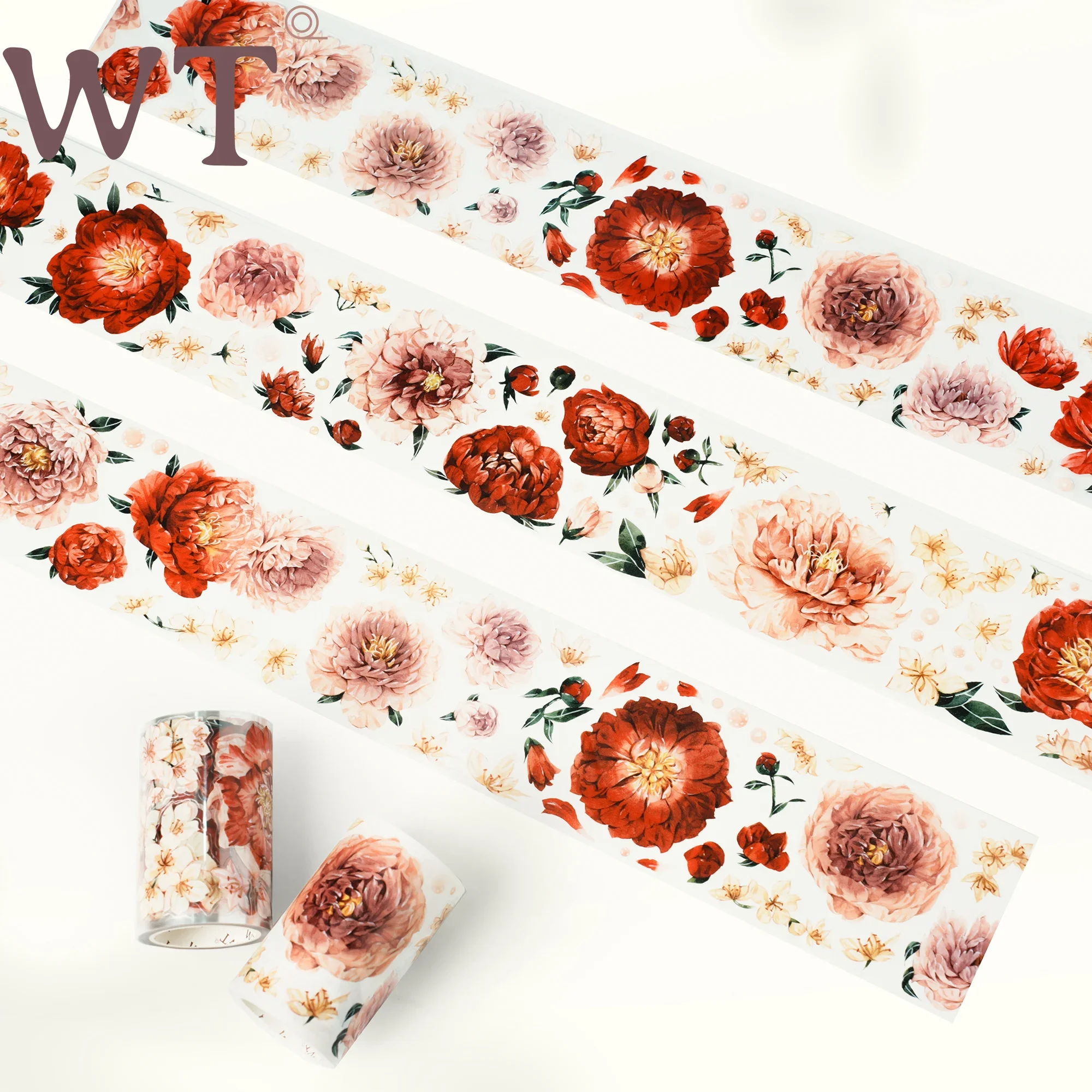 WT Peony, Flower Design Journal Washi Pet Tape Die Cut Red Floral Versatile