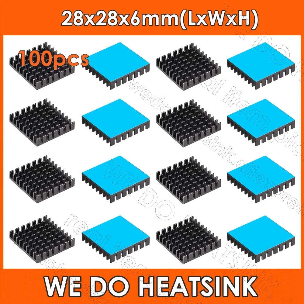 WE DO HEATSINK 100pcs 28x28x6mm Black Slotted Aluminum Heatsink Cooler For IC CPU AMD With Thermally Tape Pads