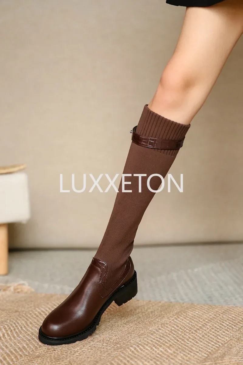 Comemore Sock Boots Women 2024 Winter Knee High Knitting Warm High Boot High Heels Weave Casual Designer Chunky Motorcycle Botas