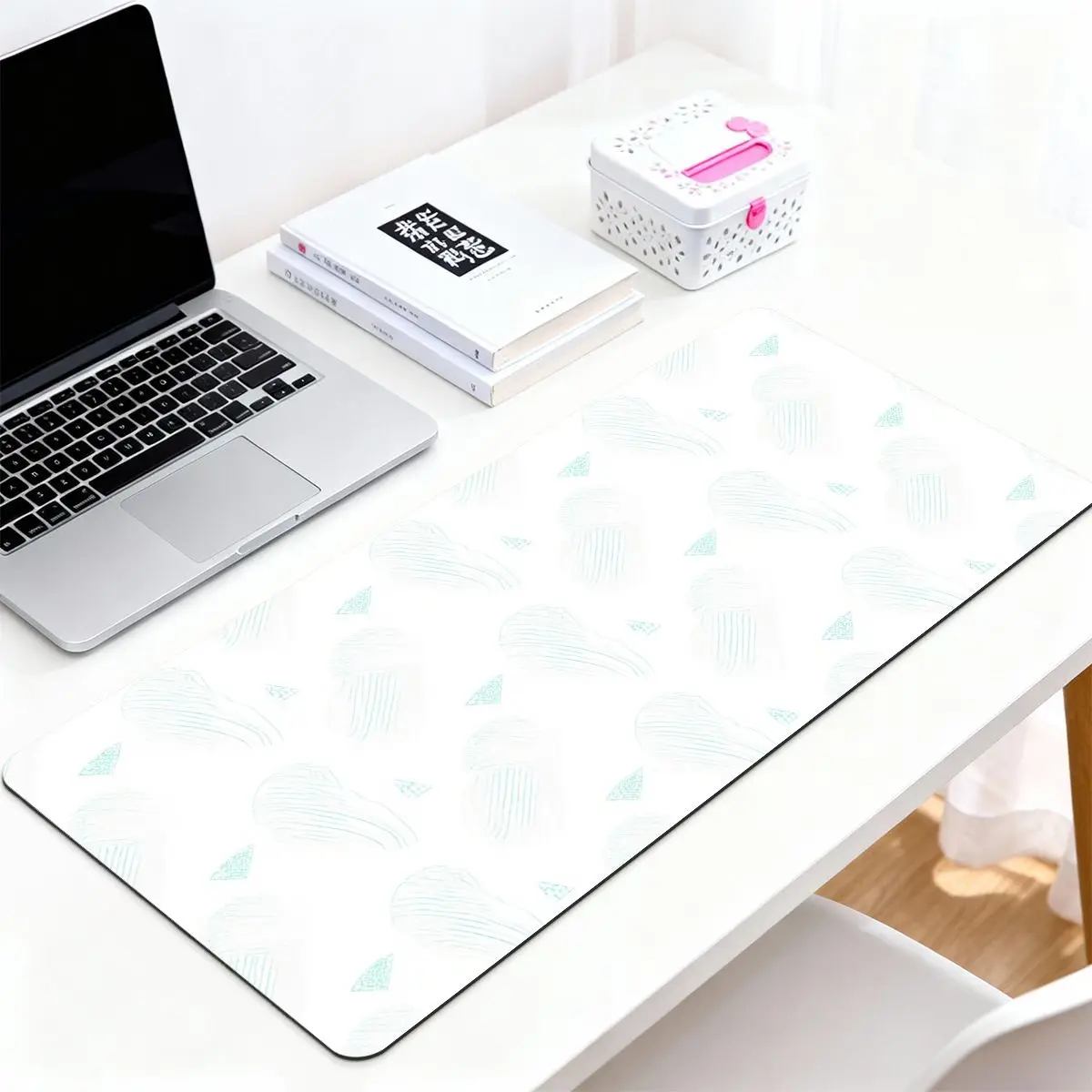 Minimalist Ice Blue Line Geometric Mouse Pad, Modern Abstract Non-Slip Rubber Desk Mat, HD Print Smooth Control Keyboard Pad