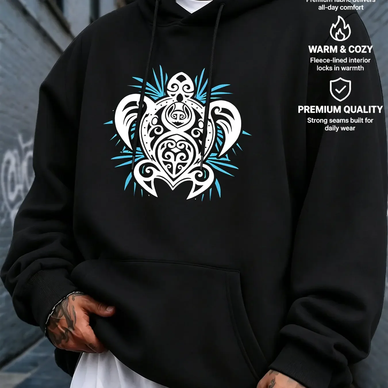 Polynesian Tribal Sea Turtle Graphic Hoodie Ocean Palm Decor Print Casual Long Sleeve Front Print Streetwear Pullover Sweatshirt