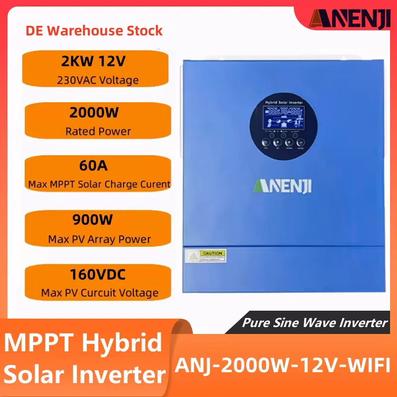 Onduleur Solaire Hybride 2KW 12V MPPT Hors Réseau, Onde Sinusoïdale Pure 60A 230V, Chargeur Solaire existent 50/60Hz avec WIFI