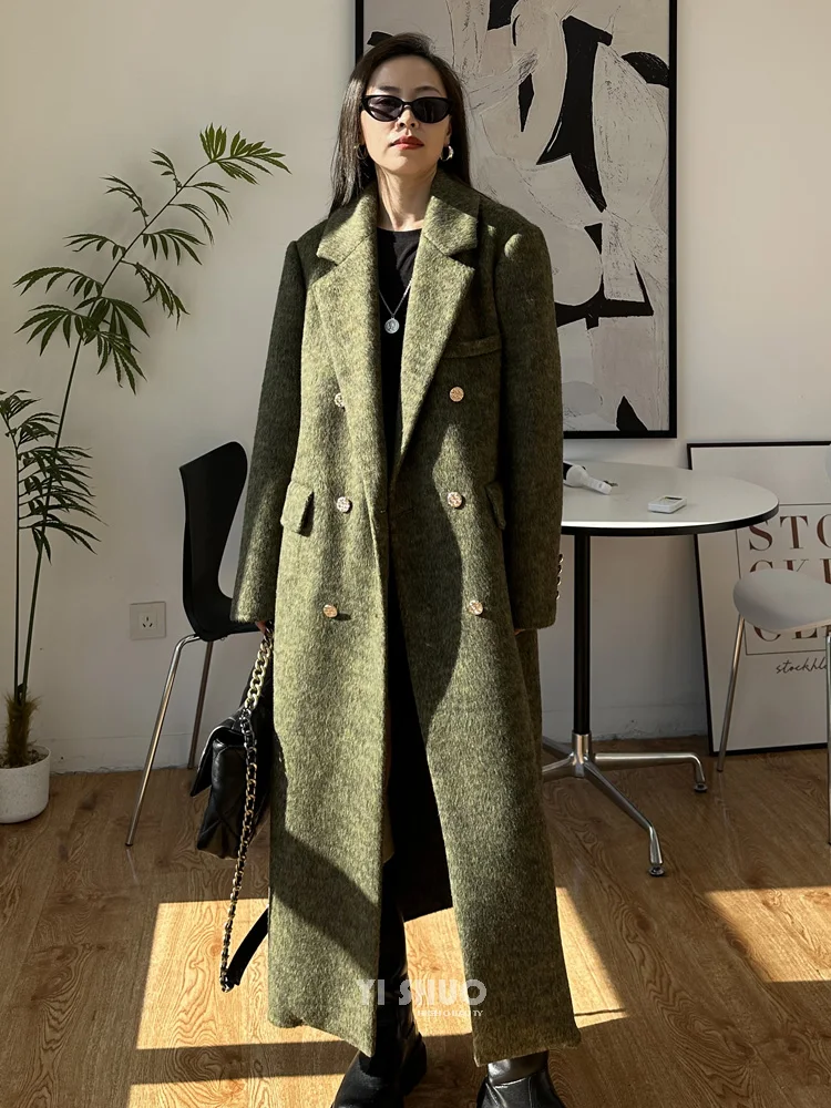 Damski płaszcz z wełny i kaszmiru na jesień i zimę, jednolity kolor, gruby, dwustronny, długi, wysokiej jakości, modny, z klapami, długi rękaw.
