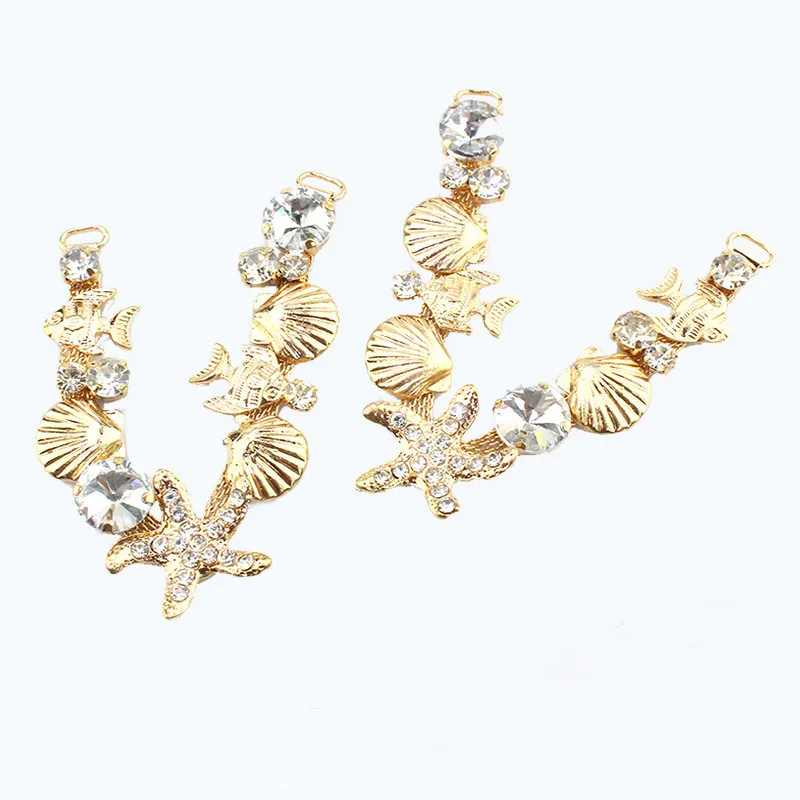 2pcs Shell Fish Crystal Rhinestone Shoe Chain Buckle Bikini Flip Flops Connectors Metal Apparel Bags Cap DIY Garment Sewing