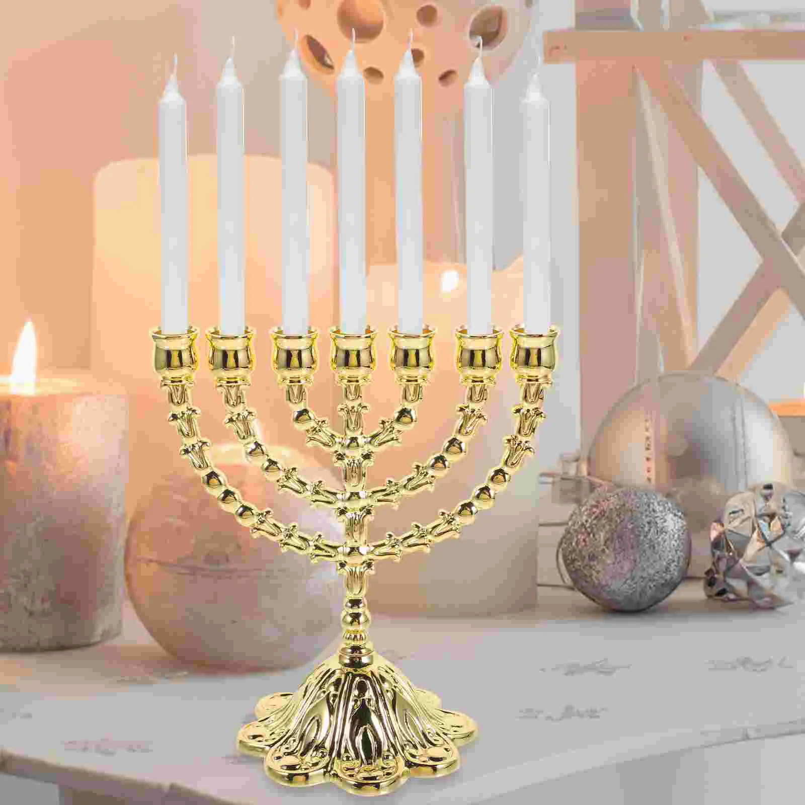 Holder Menorah Branch Stand Metal Chanukah Hanukkah Jewish Candelabra Candlestick Vintage Table Religious Gold Jerusalem Decor