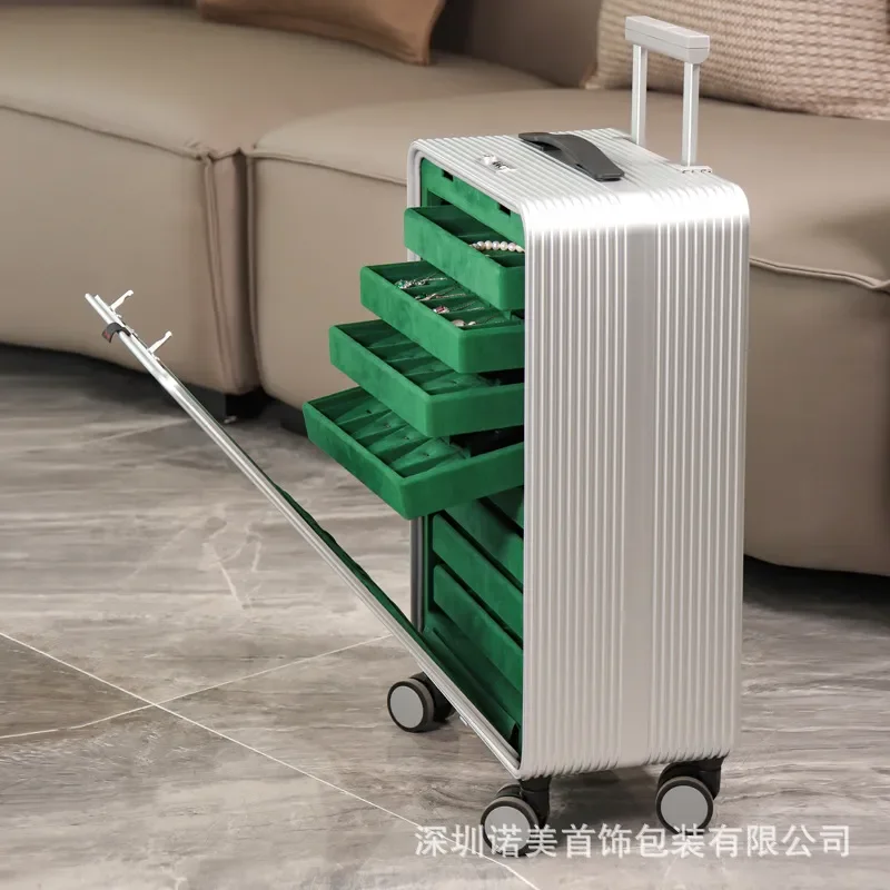 for Jewelry Box 20 Inch Aluminum Alloy Large Capacity Trolley Case with Lock Luxury Ring Necklace Display Storage for Travel