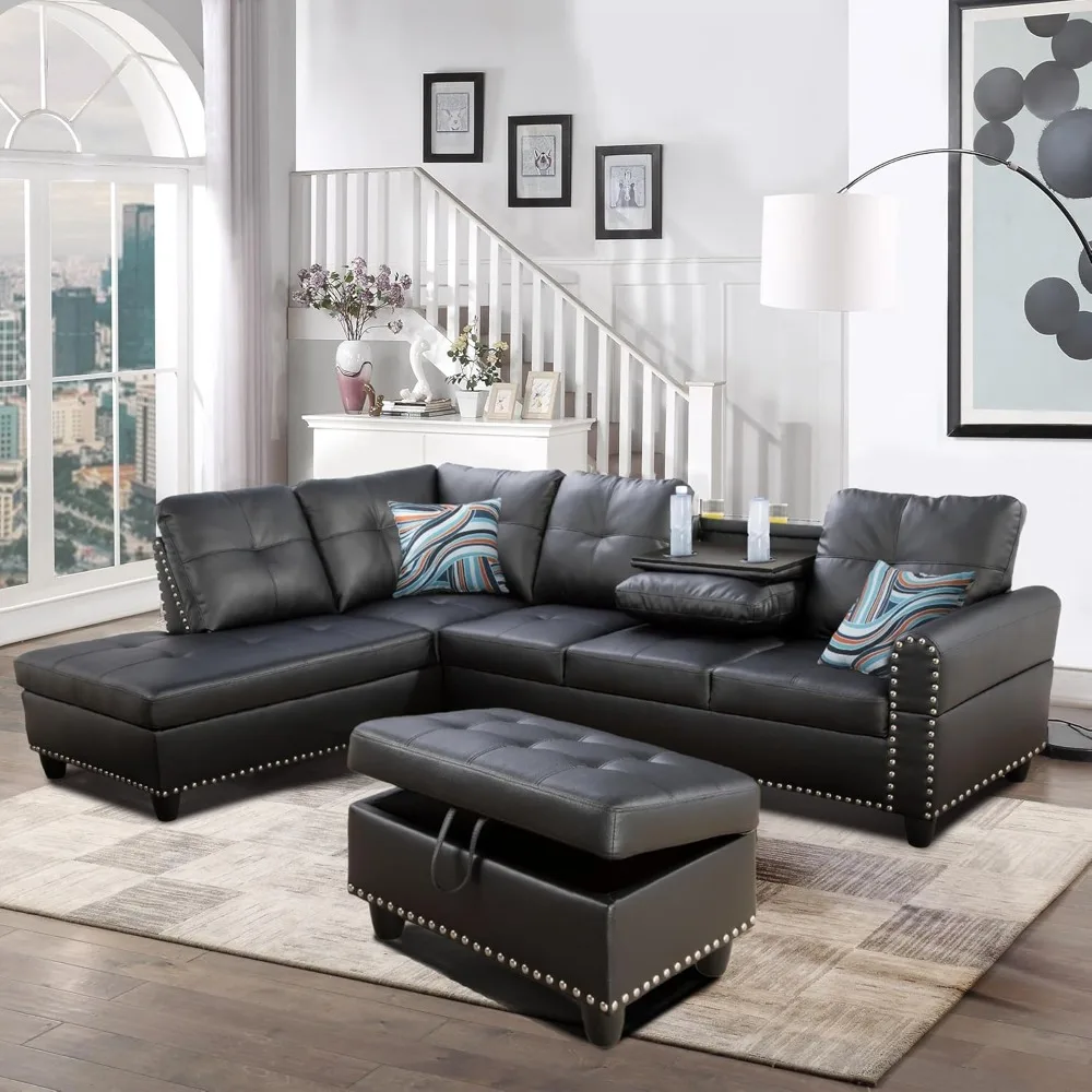 L Shaped Sofa with Ottoman Modern Nail-Head Design PU Leather Sectional Couches with Chaise, Cup Holder for Living Room, Bedroom