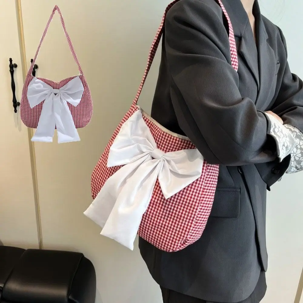 

Simple Lattice Bow Shoulder Bag Cloth Leisure Plaid Shoulder Bag Japanese Style Commuting Canvas Tote Bag Women