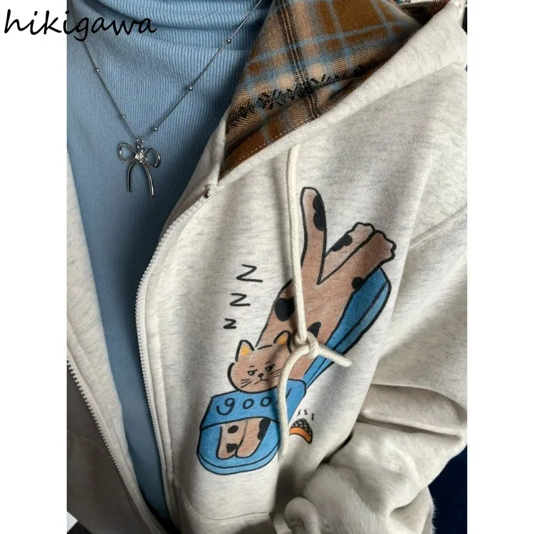 Japanese Sweatshirts for Women Streetwear Thicked Cat Print Jackets Y2k Tops Casual Fashion Hooded Zipper Hoodie 2024 Ropa Mujer