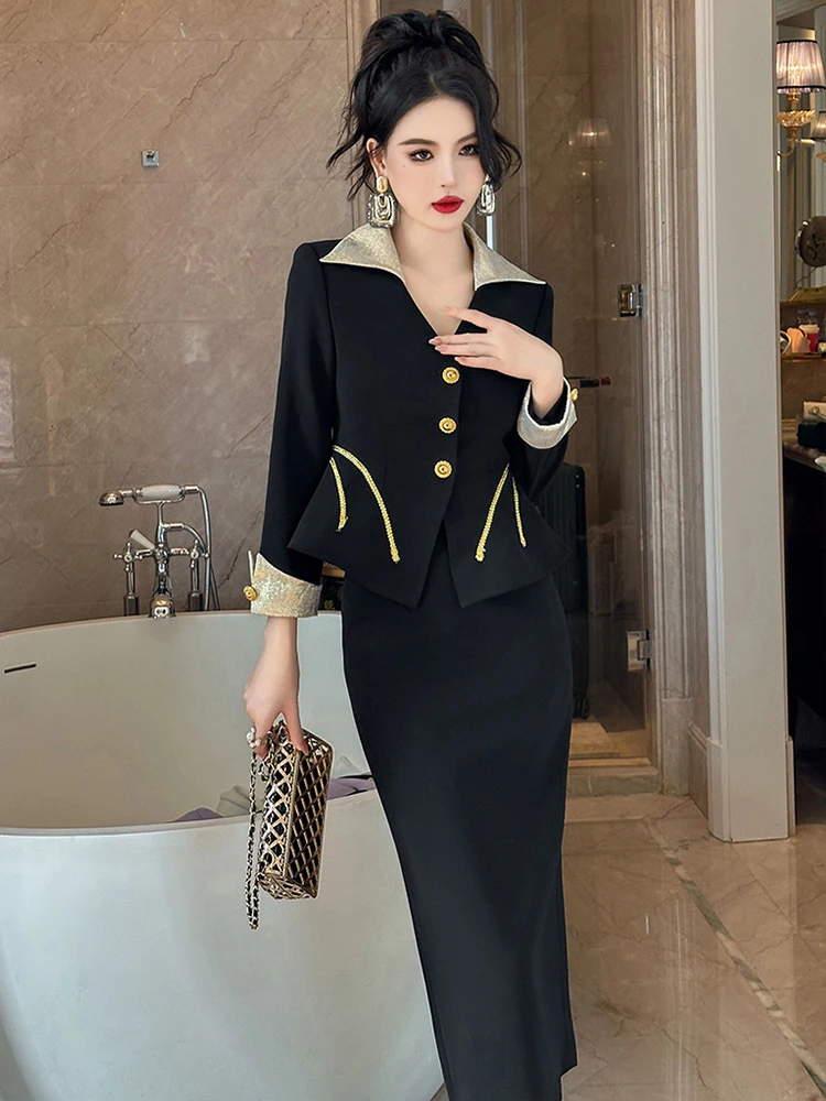 Fashion Elegant 2 Pieces Sets Women Black Gold Contrast Suit Jacket OL Coat Split Midi Skirt Office Lady Business Outfits Spring