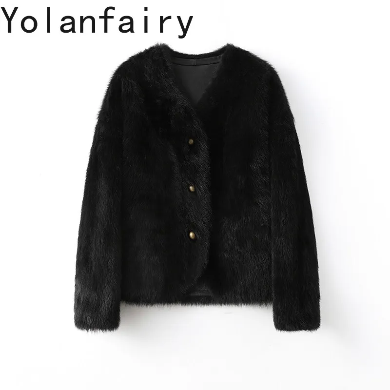 

YOLANFAIRY Short Real Fur Coat Women Luxury Winter Korean Style Natural Leather Fur Coats Woman V-neck Elegant Lamb Fur Jacket