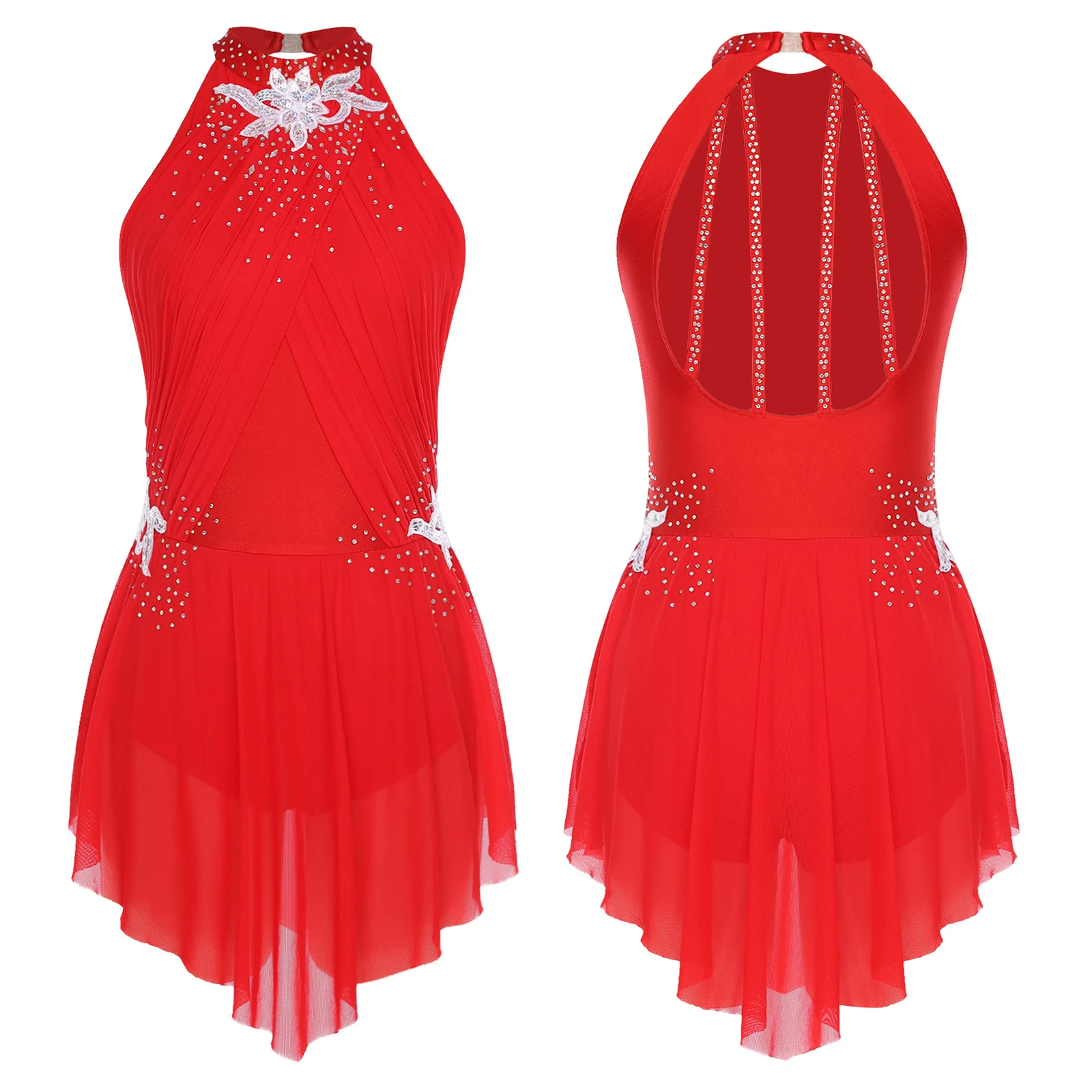 

Womens Gymnastics Figure Skating Dress Sleeveless Rhinestones Embroidery Ruched Mesh Layering Leotard Dress for Lyrical Dance