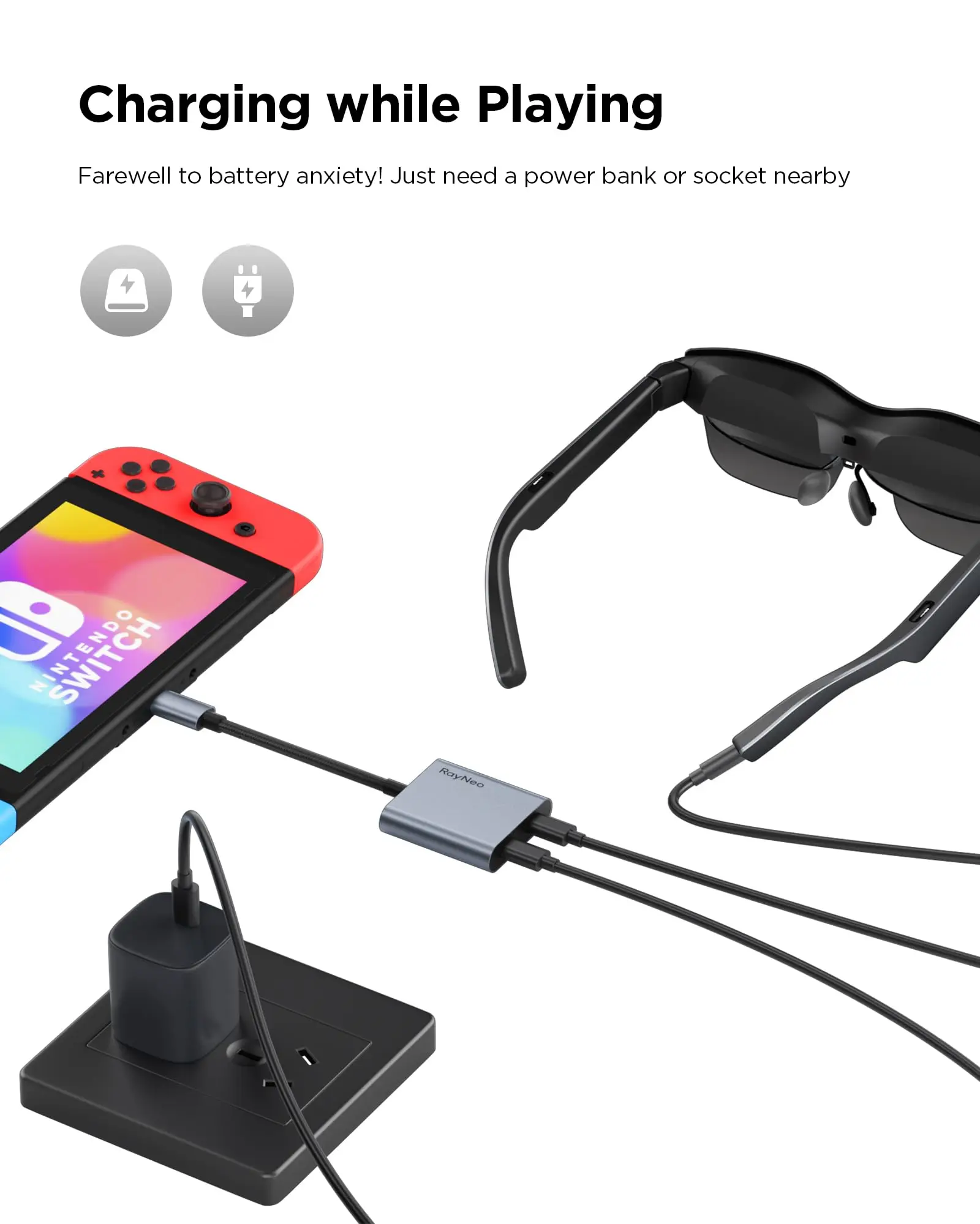 RayNeo USB-C to Glasses Charging Adapter, Charge and Play,  Support 100W PD Charging and 4K@60 Hz,Compatible with Switch 2