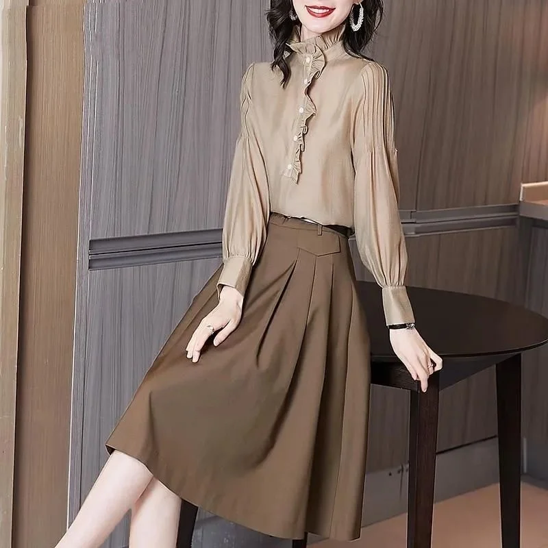 

2023 Suit Women's Shirt Pleated Big Swing Skirt Two Piece Set Faldas Clothes for Women Skirts