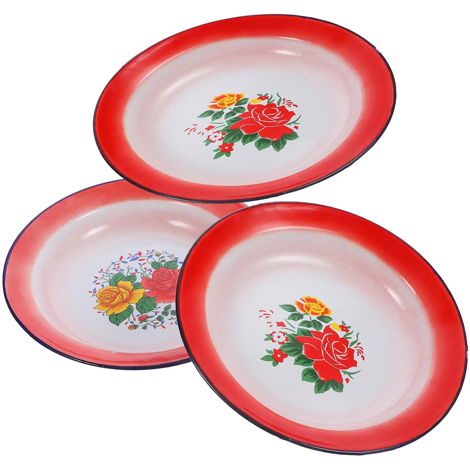 

Vintage Enamel Plate Red Flower Design Food Serving Dish Steamed Snack Decorative Tray Tableware Fruit Dessert Vintage Style