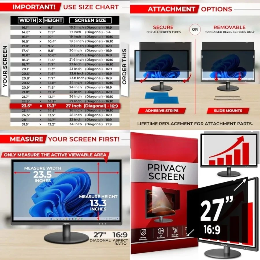 

27 Inch 16:9 Computer Privacy Screen Filter for Monitor - Privacy Shield and Anti-Glare Protector
