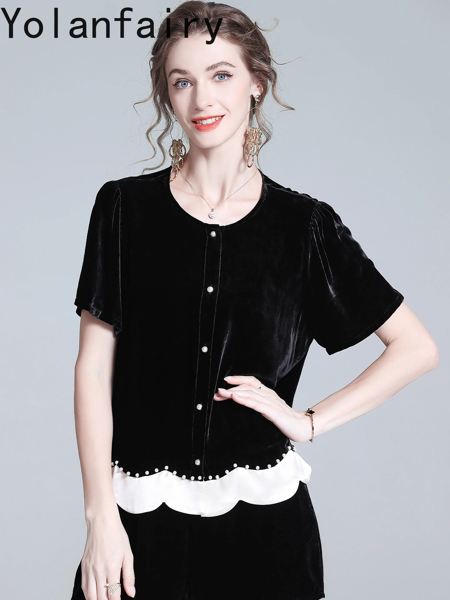 YOLANFAIRY Camicie in velluto di seta di gelso reale autunno per le donne T-shirt elegante patchwork di fascia alta Manica corta Camicie nere Donna