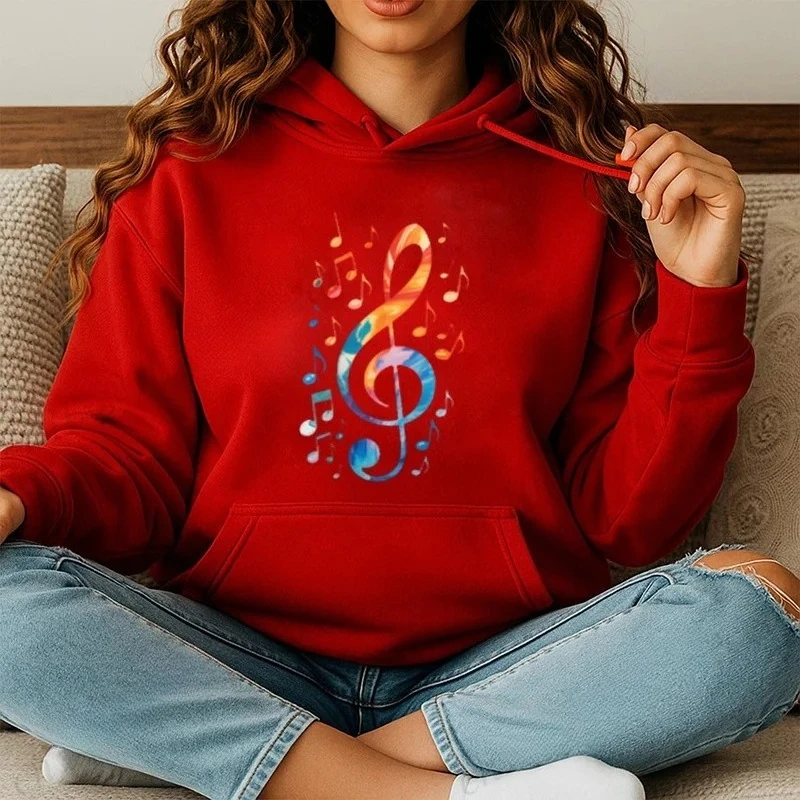 Colorful Treble Clef Hoodie for Women Casual Daily Sweatshirt Music Notes Autumn Winter Hoodie Rainbow Musician Women  Sportwear