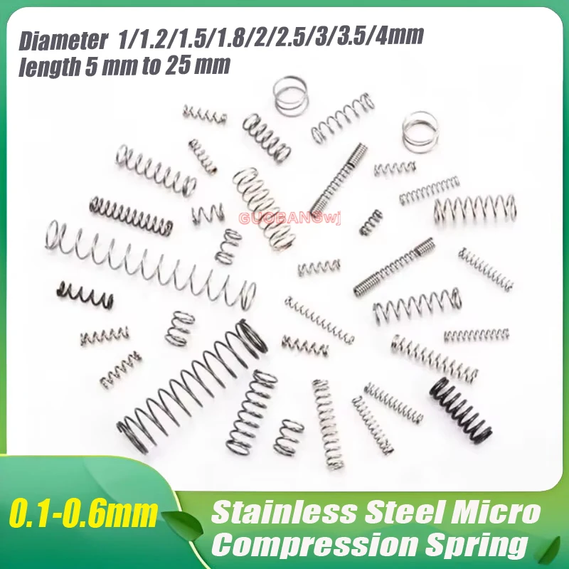 10/20PCS 0.1/0.2 0.3~0.6mm Stainless Steel Micro Compression Spring Diameter  1/1.2/1.5/1.8/2/2.5/3/3.5/4mm length 5 mm to 25 mm