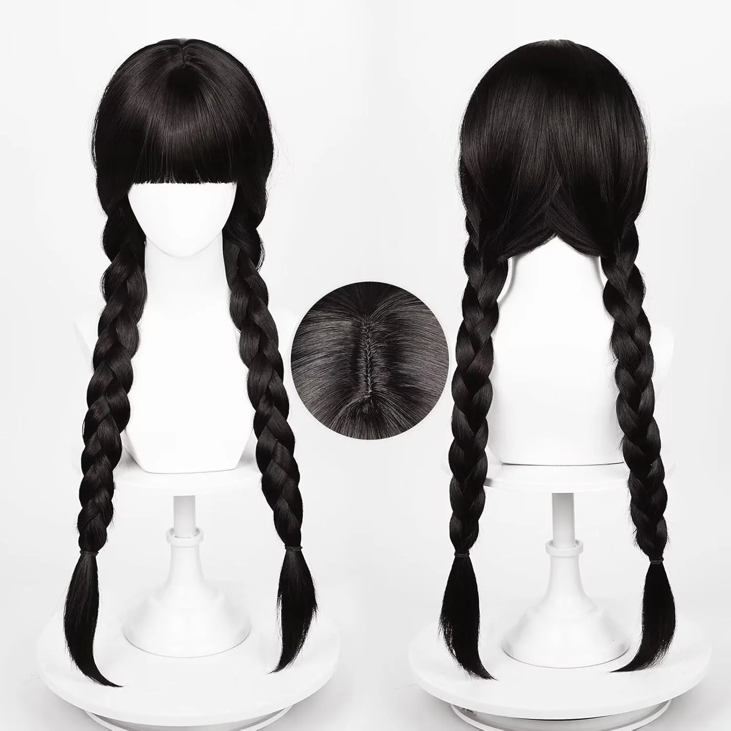 Adams Family Wednesday Cosplay Wig Double Braided Bangs Black Halloween Dress Up Headgear