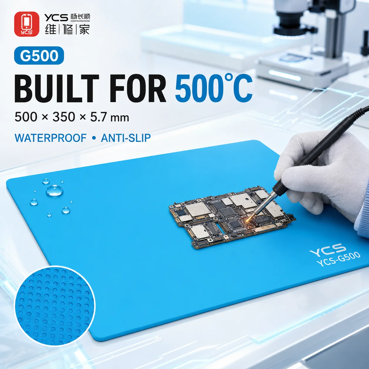 YCS G500 High Temp Silicone Work Mat 500°C Waterproof Anti-Slip Insulation Pad for Soldering Phone Mainboard Repair Bench