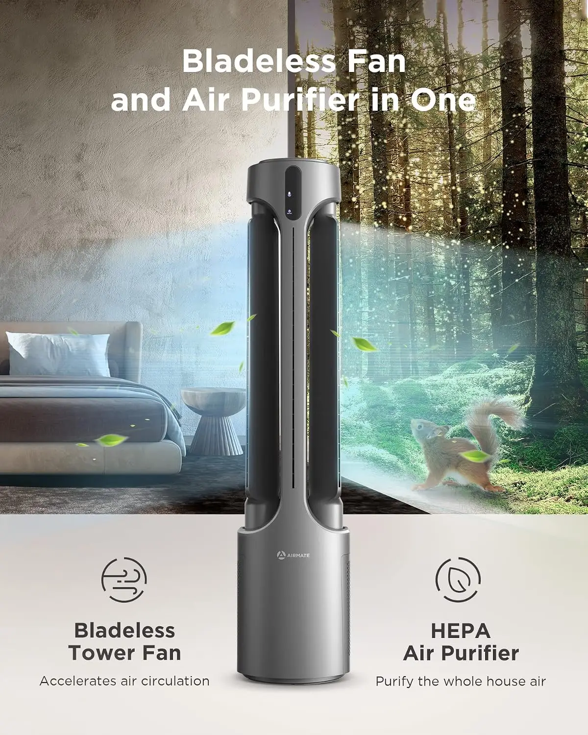 Air Purifier Bladeless Tower Fans 1500CFM Large Air Volume 45 2 In 1 Standing Fan Bedroom Home 28ft s Velocity 90 Oscillation 15