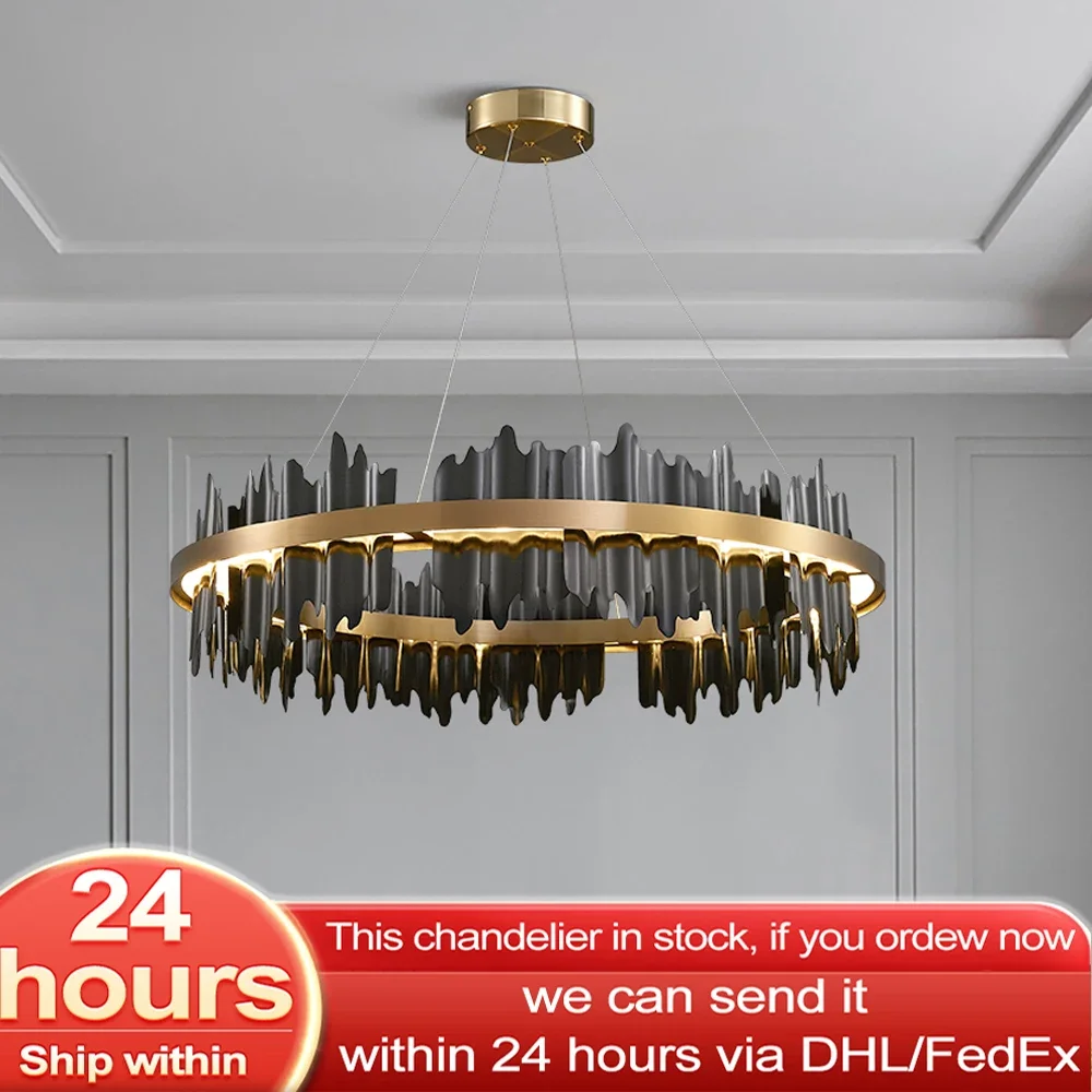 

Modern Creative Circle LED Chandelier With Remote Control Black/Gold Hanging Lamp For Living Room Lobby Hotel Light Fixtures