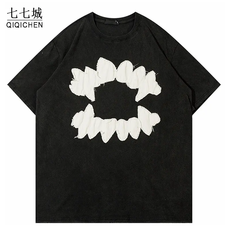

Mens Streetwear Tshirt Hip Hop Oversized Devil Monster Teeth Embroidery Patch T-Shirt 2023 Harajuku T Shirt Cotton Top Tee Black